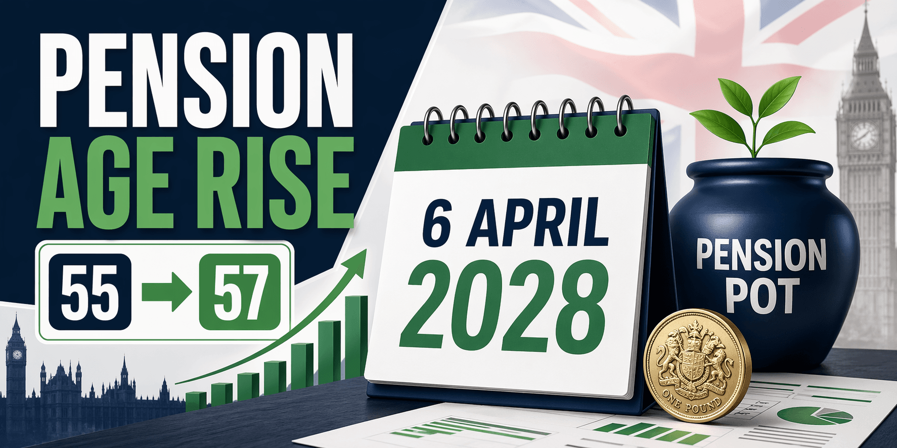 HMRC pension age increase from 55 to 57 on 6 April 2028 UK pension planning infographic